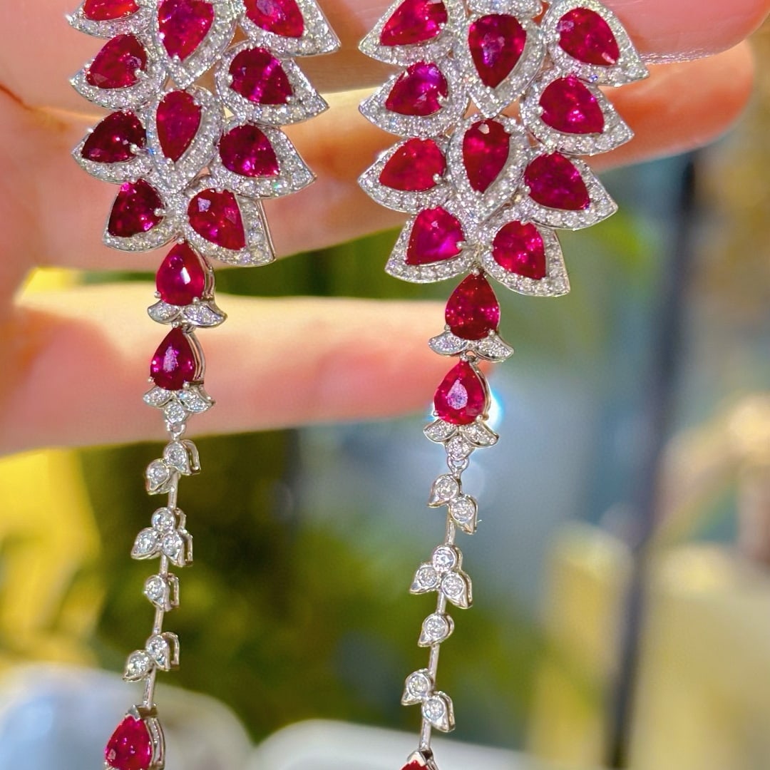 14k Gold 11.6 Ct Natural Ruby & Diamond Earrings - 2