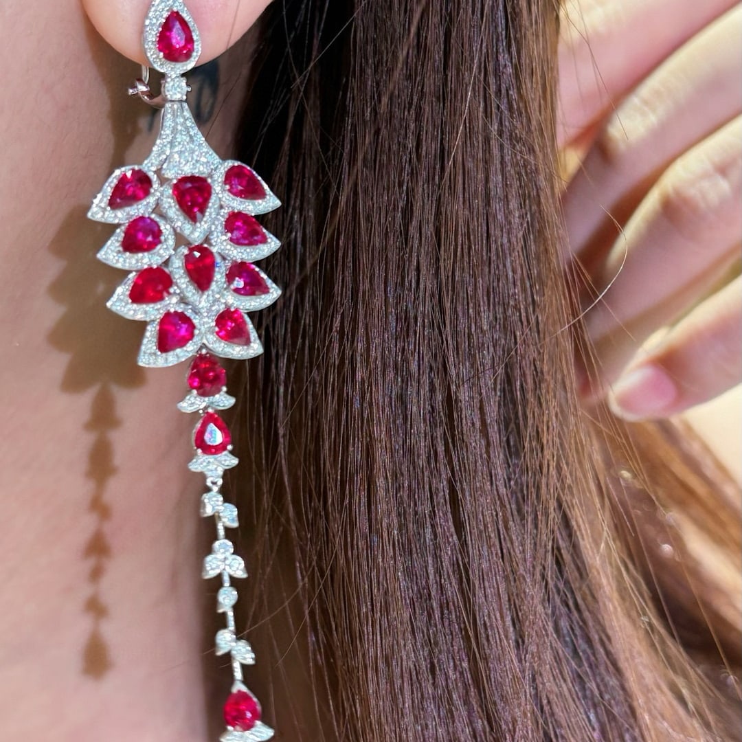 14k Gold 11.6 Ct Natural Ruby & Diamond Earrings - 7