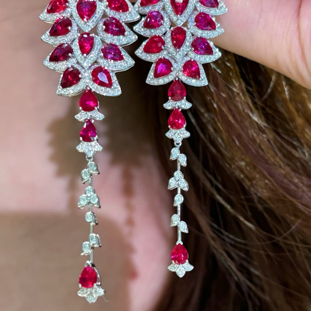 14k Gold 11.6 Ct Natural Ruby & Diamond Earrings - 8