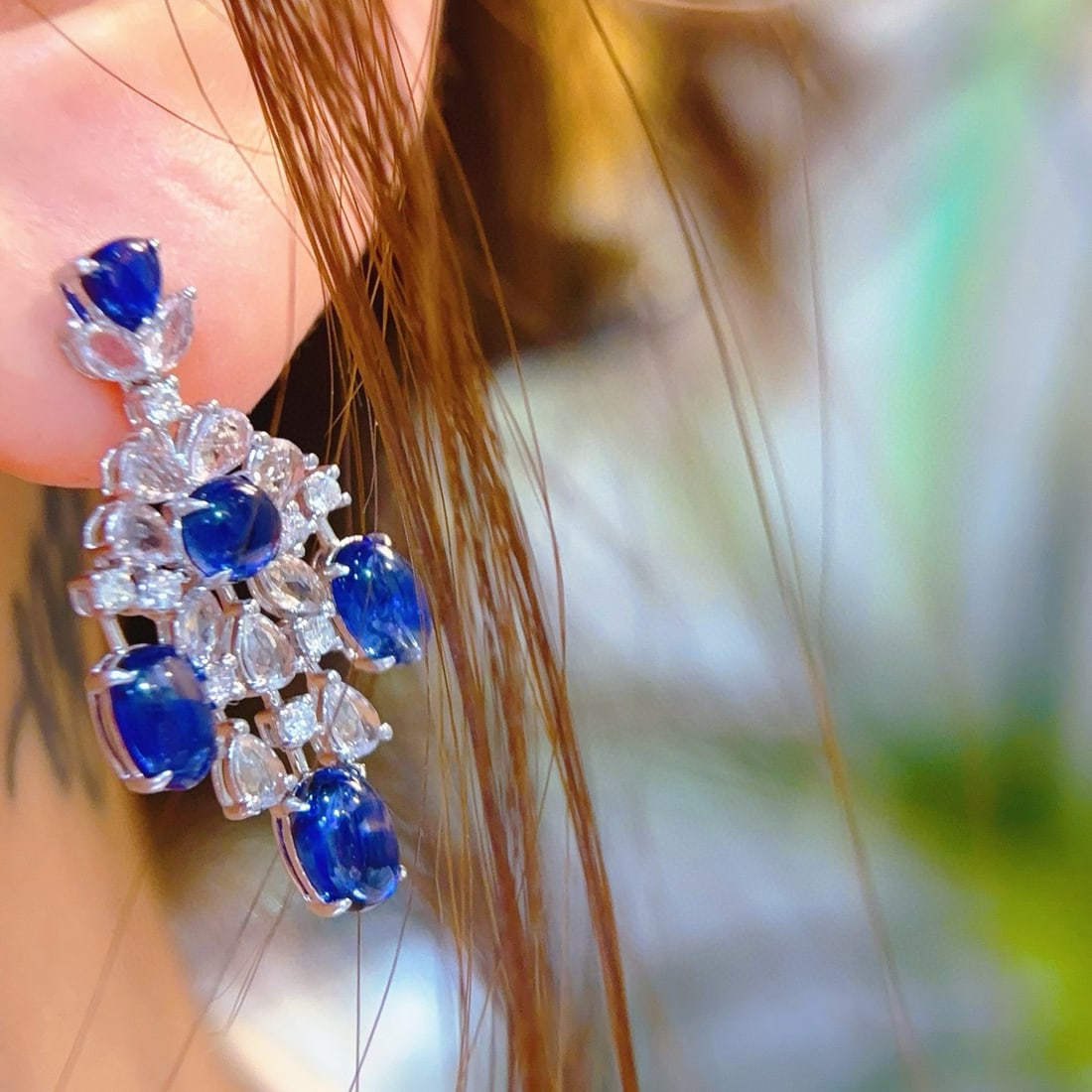 14k Gold 6.1 Ct Natural Sapphire & Sapphire & Diamond Earrings - 2