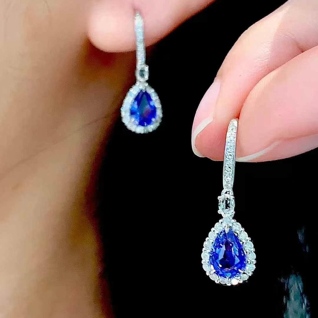 14k Gold 1.85 Ct Vivid Blue Natural Sapphire & Diamond & Sapphire Earrings - 2