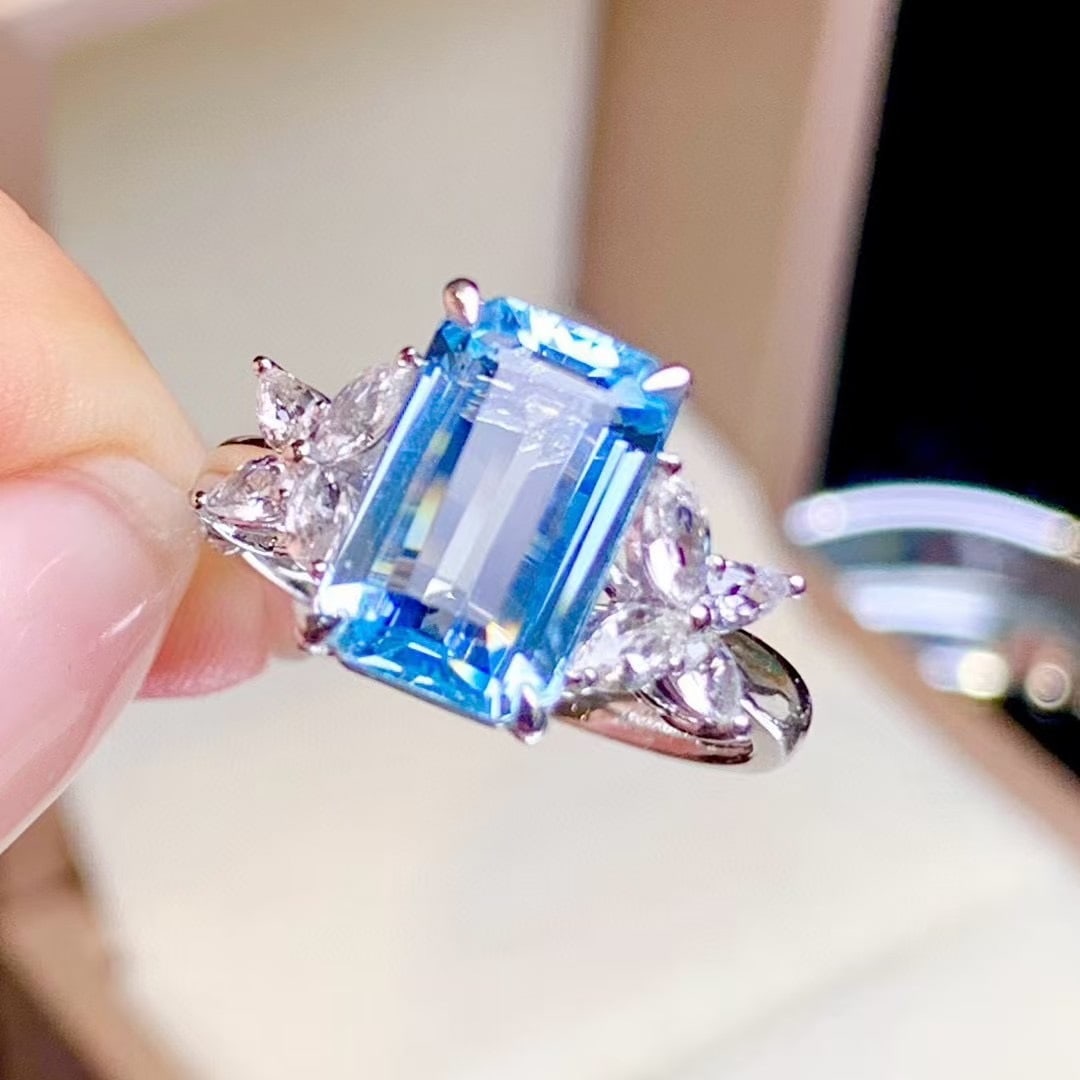 14k Gold 2.85 Ct Natural Aquamarine & Sapphire Ring - 3