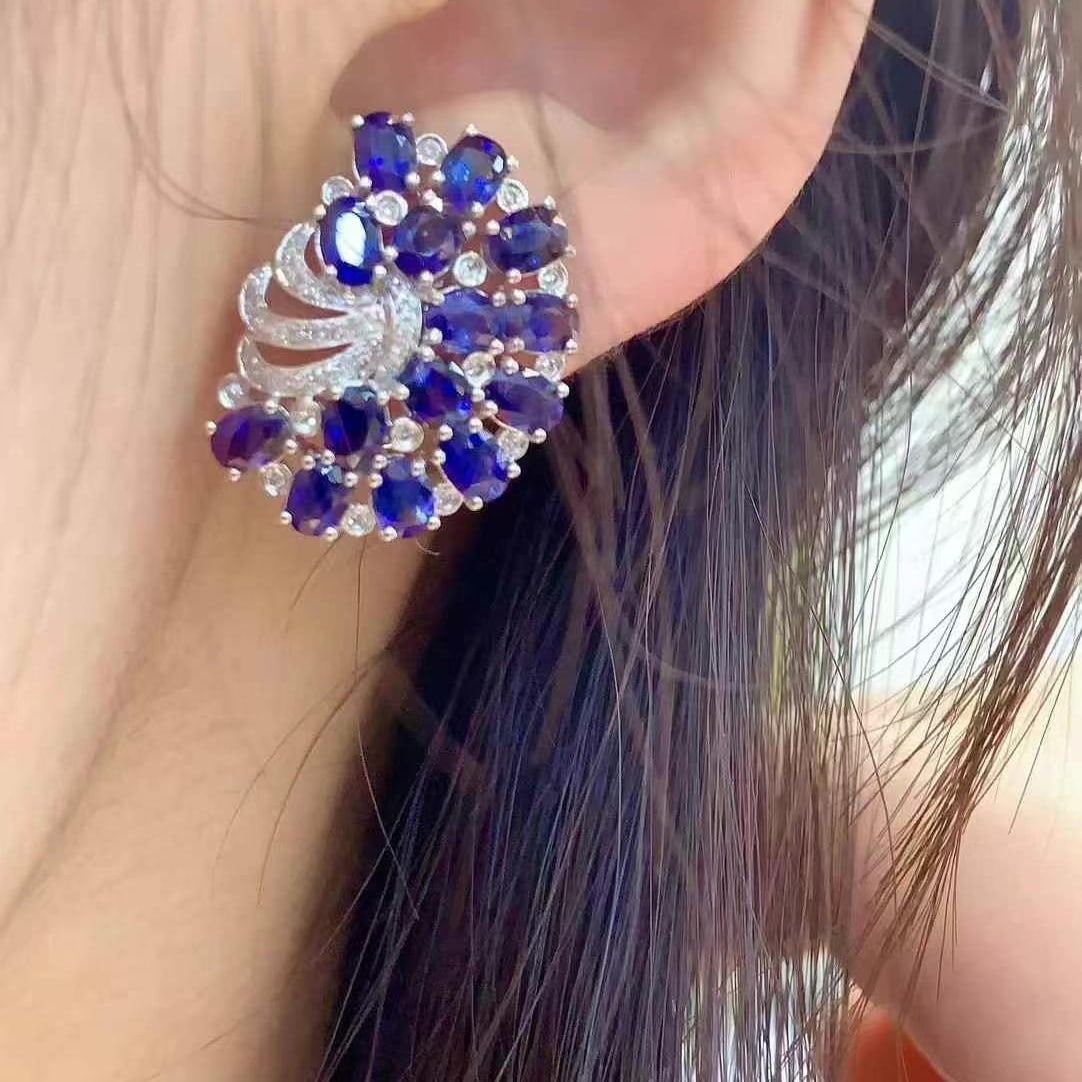 14k Gold 7 Ct Natural Sapphire & Diamond Earrings - 4