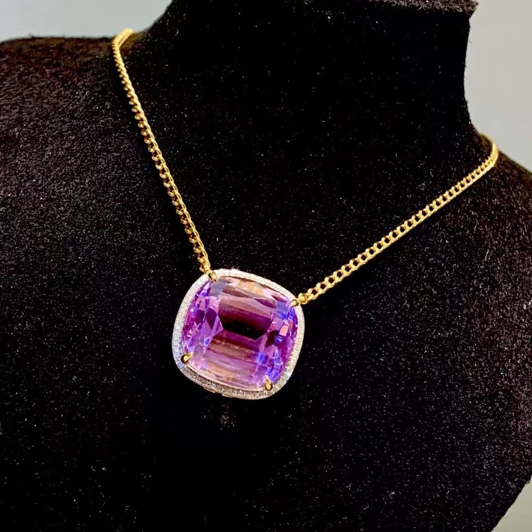 14k Gold 20.2 Ct Natural Kunzite & Diamond Necklace - 2