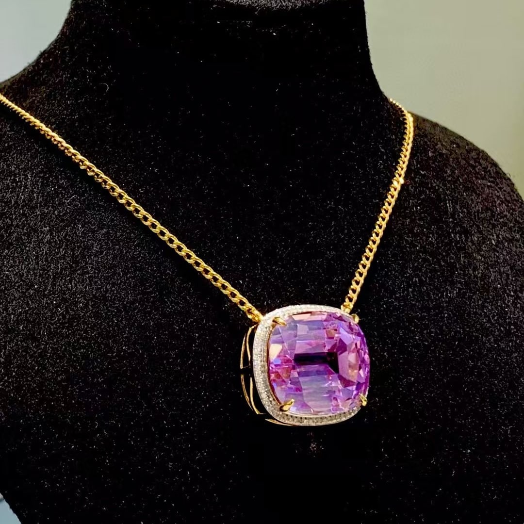 14k Gold 20.2 Ct Natural Kunzite & Diamond Necklace - 3