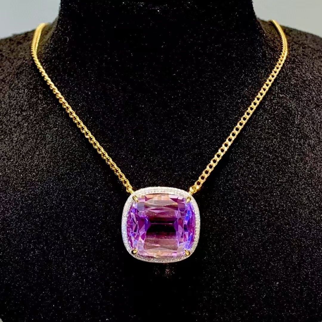 14k Gold 20.2 Ct Natural Kunzite & Diamond Necklace - 4