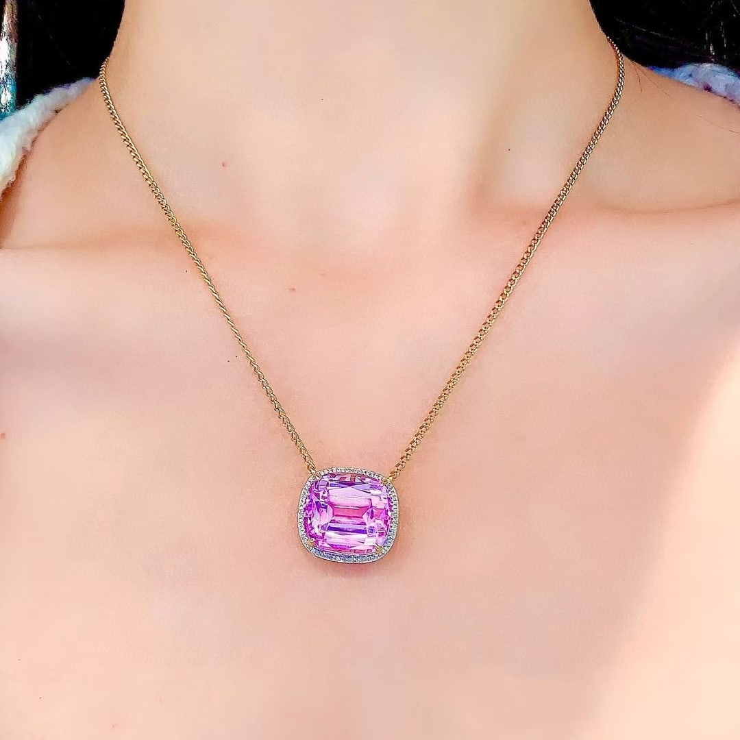 14k Gold 20.2 Ct Natural Kunzite & Diamond Necklace - 5