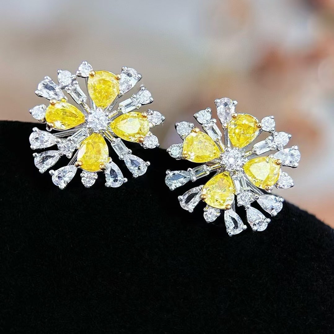 14k Gold 1 Ct Natural Yellow Diamond & Sapphire & Diamond Earrings - 3