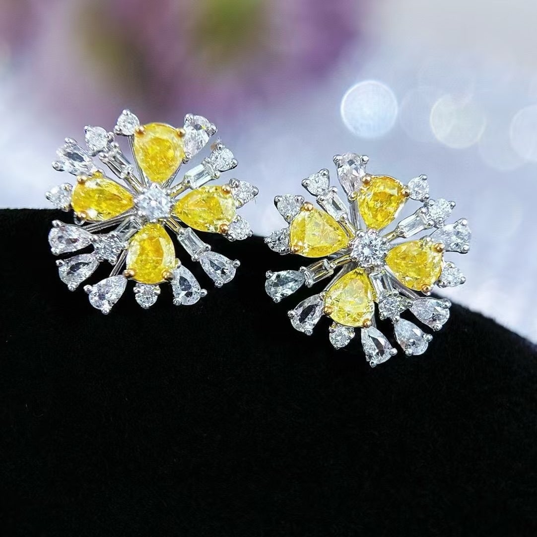 14k Gold 1 Ct Natural Yellow Diamond & Sapphire & Diamond Earrings - 4