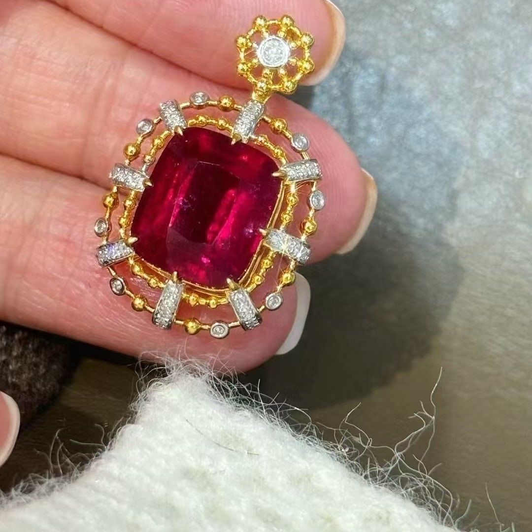 14k Gold 7.19 Ctw Natural Tourmaline & Diamond Pendant( Without Chain ) - 4