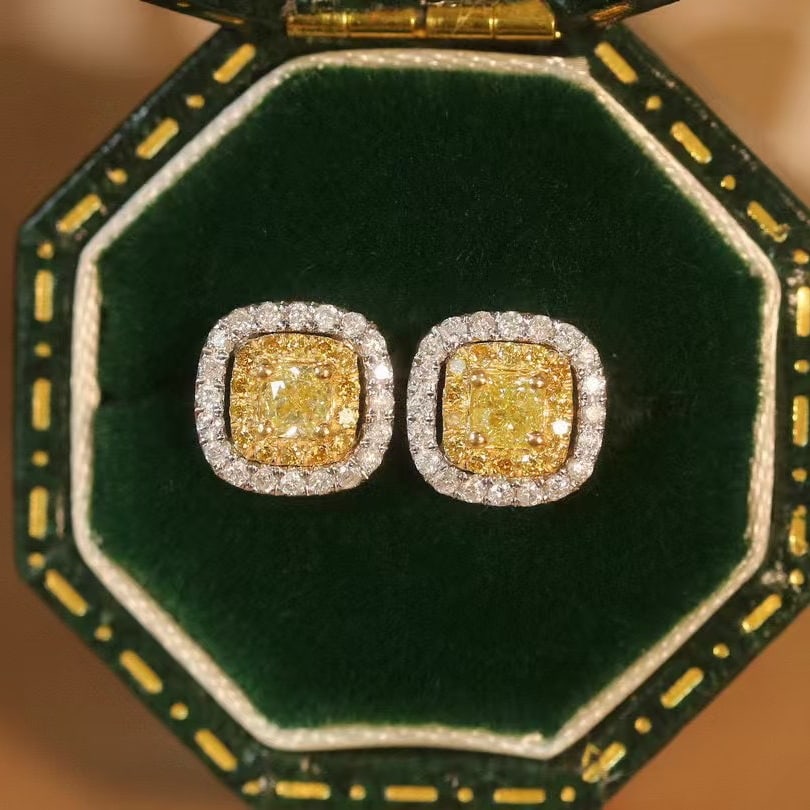 14k Gold 0.74 Ctw Natural Yellow Diamond & Diamond Earrings: Ref:230945098 // gold content:14k gold // main gemstone:yellow diamond // shape:cushion // carat weight:0. 28ct // color:yellow // treatment:natural // // adjacent gemstone 2 : diamond // shape:round