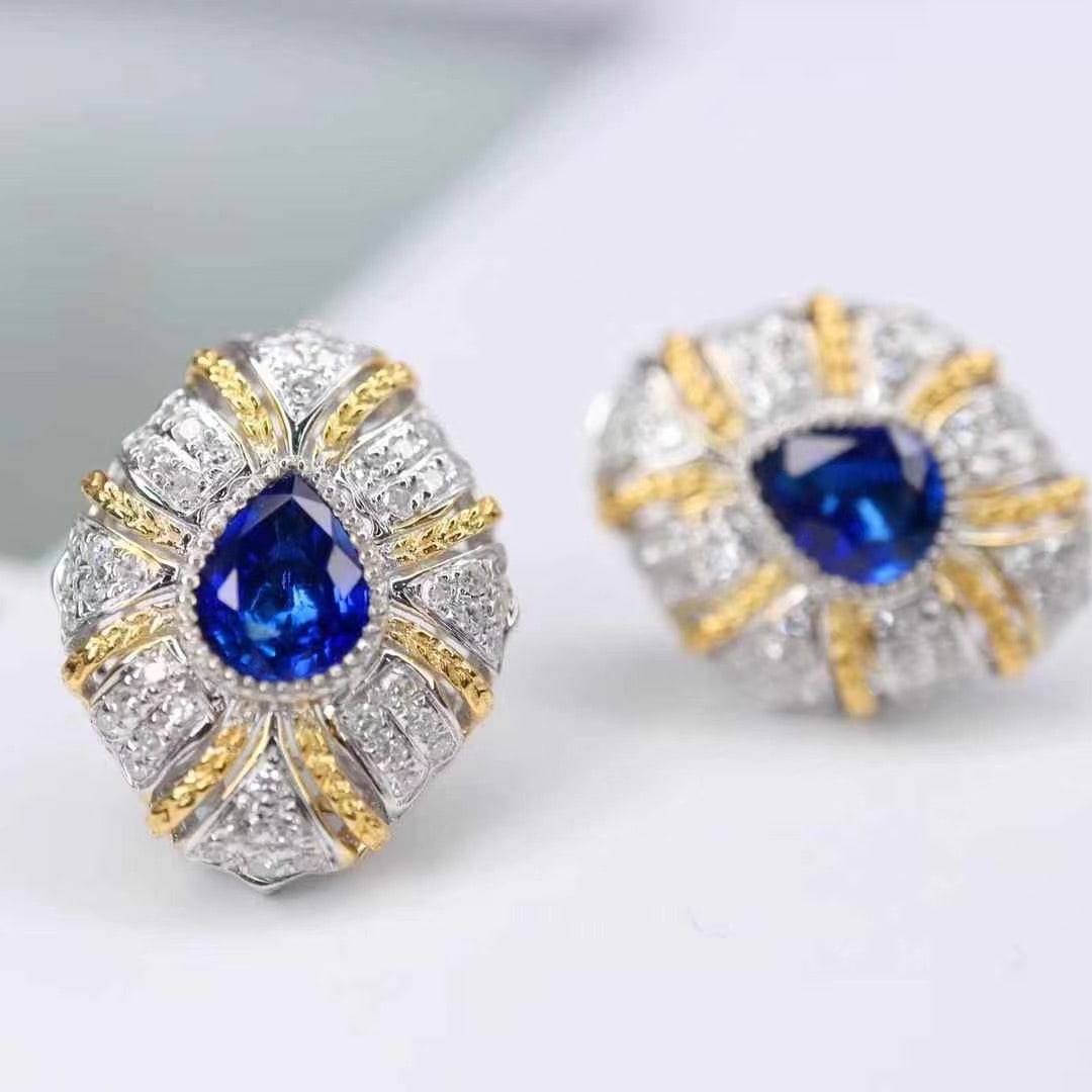 14k Gold 2.08 Ctw Natural Sapphire & Diamond Earrings - 3