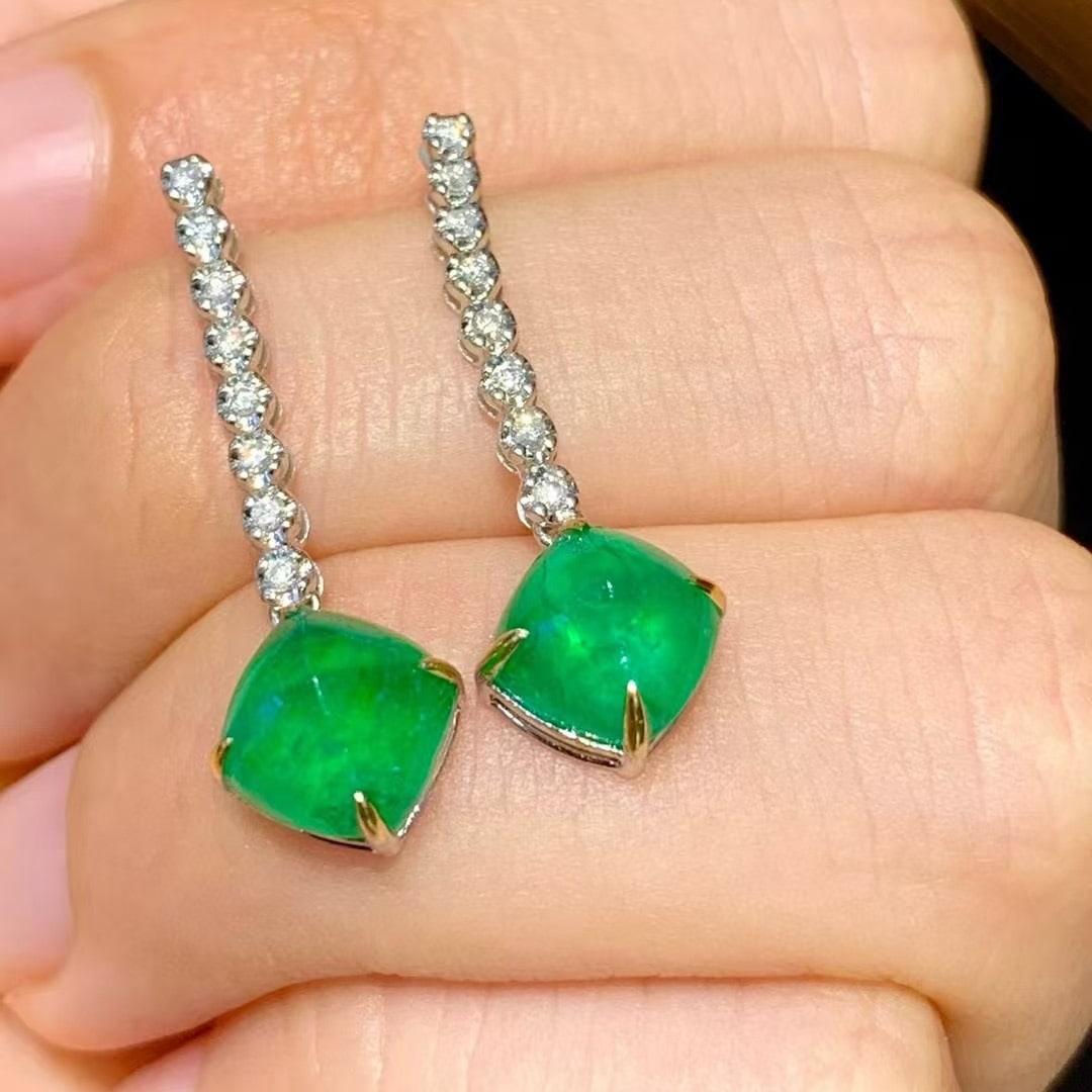 14k Gold 4.1 Ct Natural Emerald & Diamond Earrings - 7