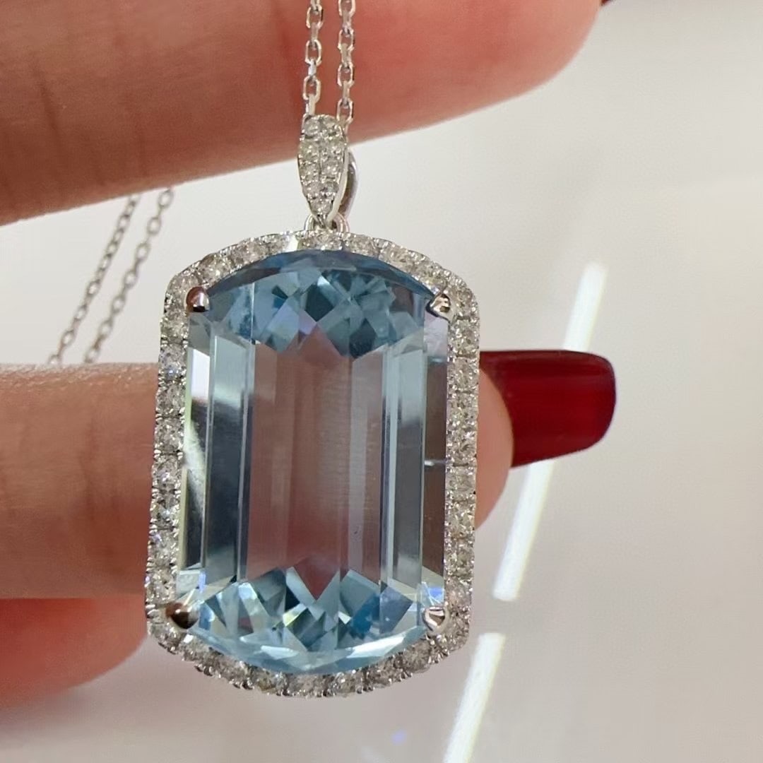 14k Gold 10.54 Ctw Natural Aquamarine & Diamond Pendant( Without Chain ) - 4