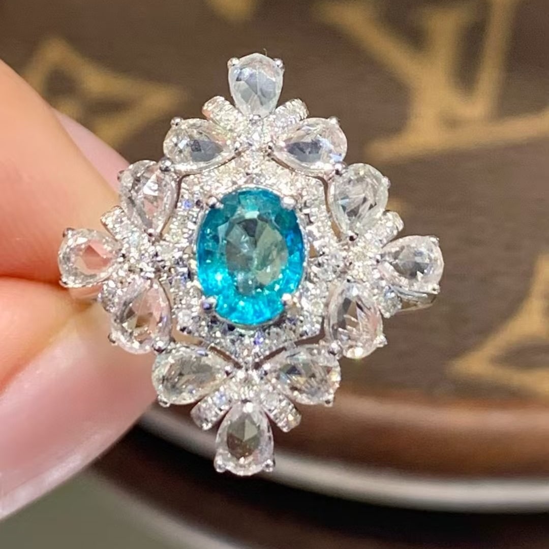 14k Gold 0.7 Ct Natural Paraiba Tourmaline & Diamond & Sapphire Ring - 2