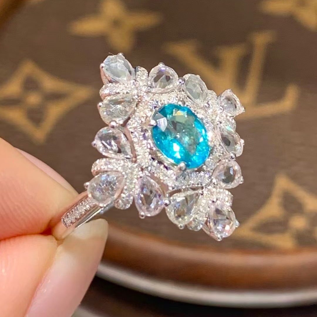 14k Gold 0.7 Ct Natural Paraiba Tourmaline & Diamond & Sapphire Ring - 4