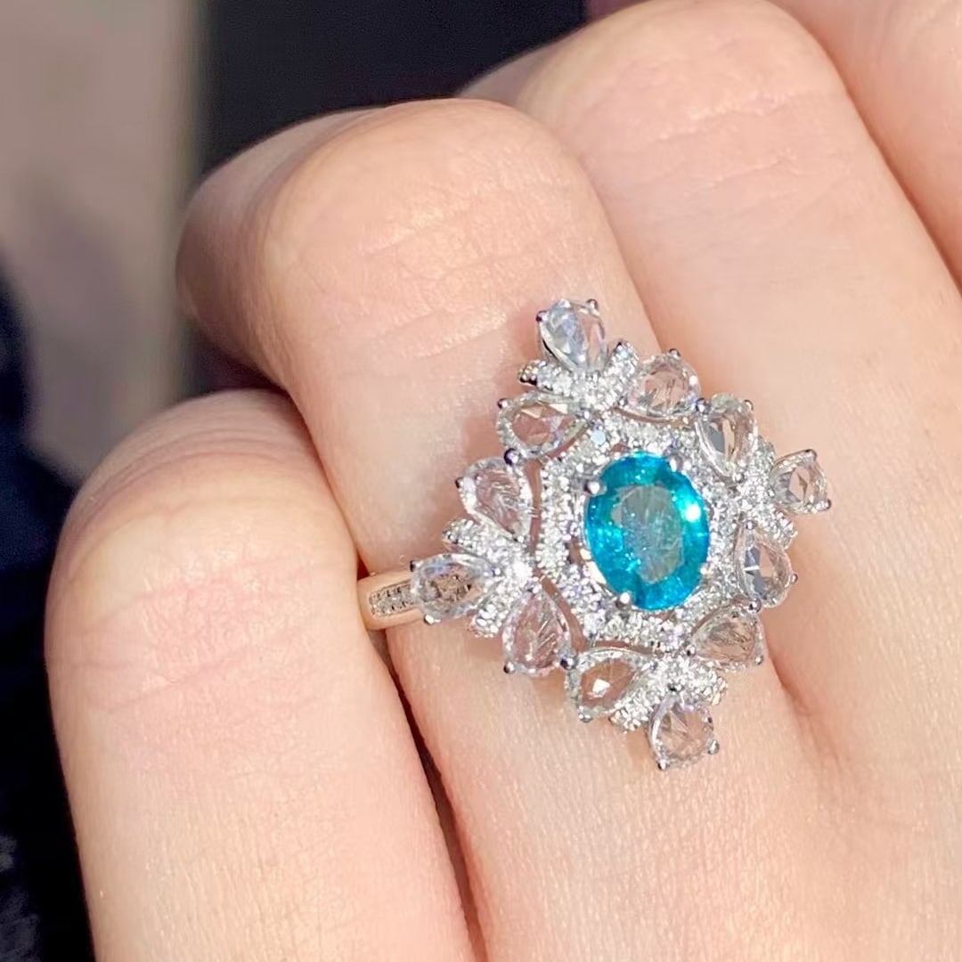 14k Gold 0.7 Ct Natural Paraiba Tourmaline & Diamond & Sapphire Ring - 6