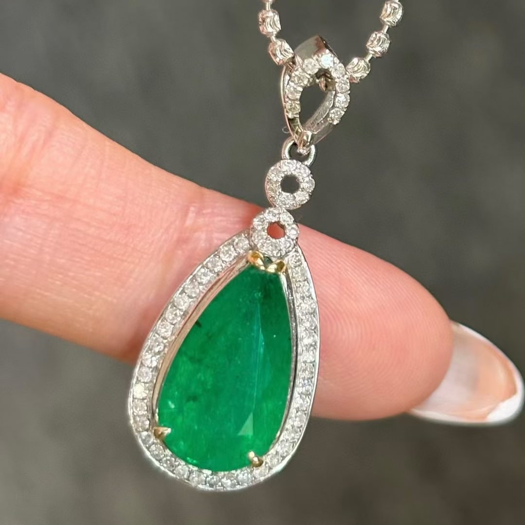 14k Gold 4.46 Ctw Natural Emerald & Diamond Pendant( Without Chain ) - 4