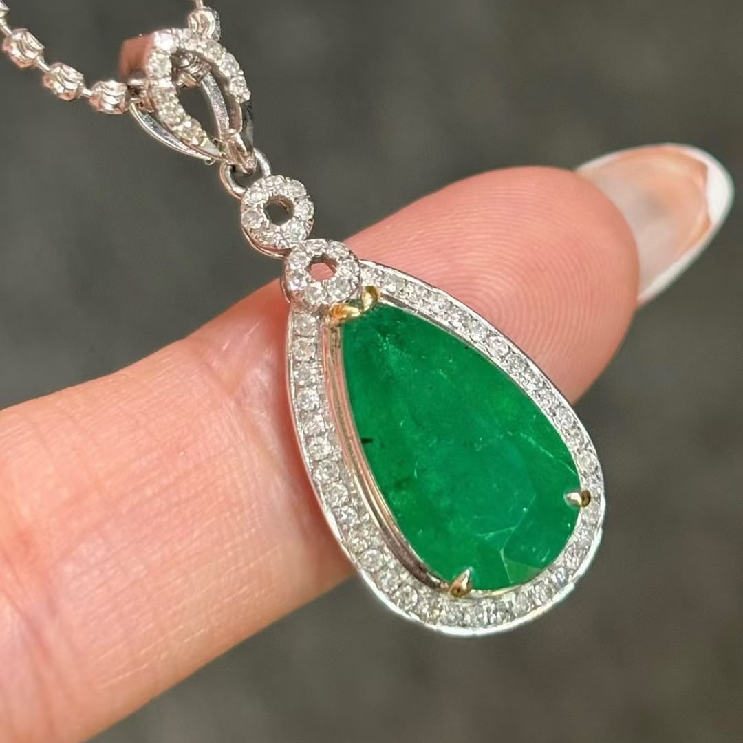 14k Gold 4.46 Ctw Natural Emerald & Diamond Pendant( Without Chain ) - 6