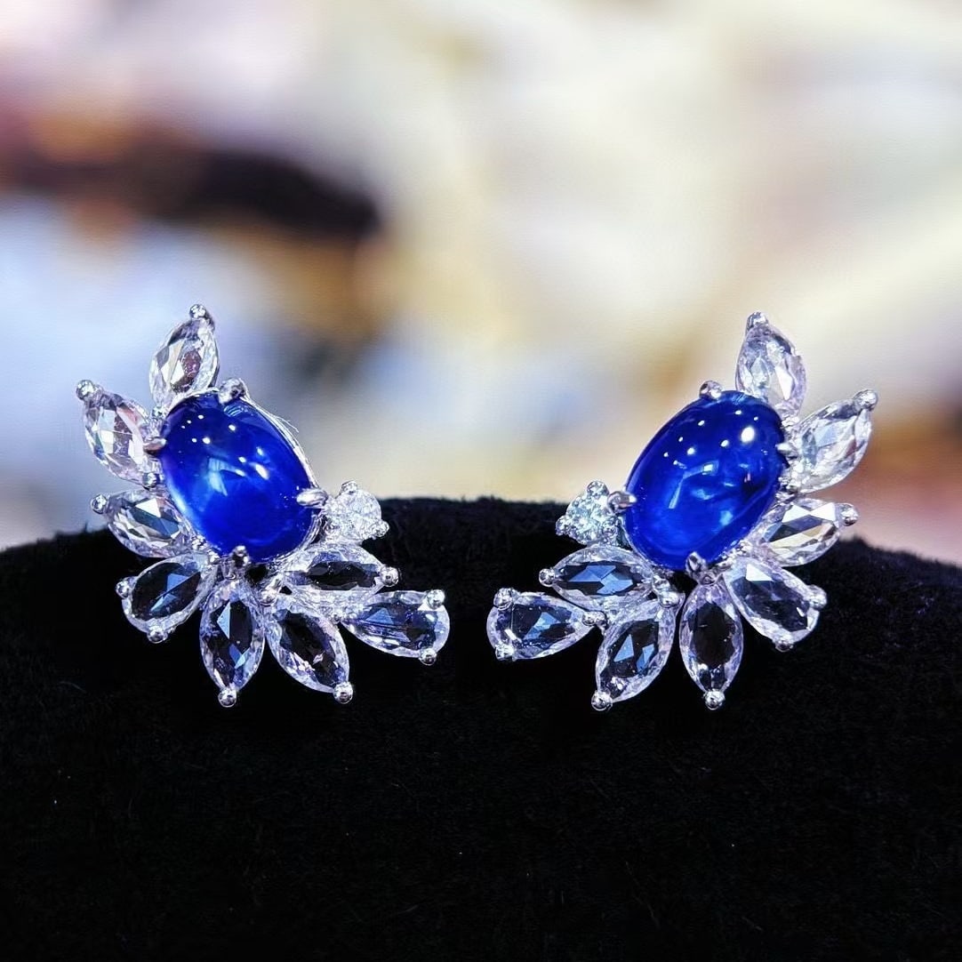 14k Gold 1.5 Ct Natural Sapphire & Sapphire & Diamond Earrings - 4