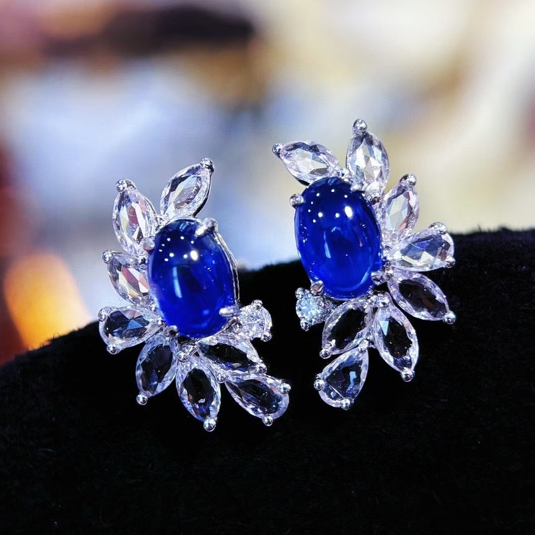 14k Gold 1.5 Ct Natural Sapphire & Sapphire & Diamond Earrings - 6