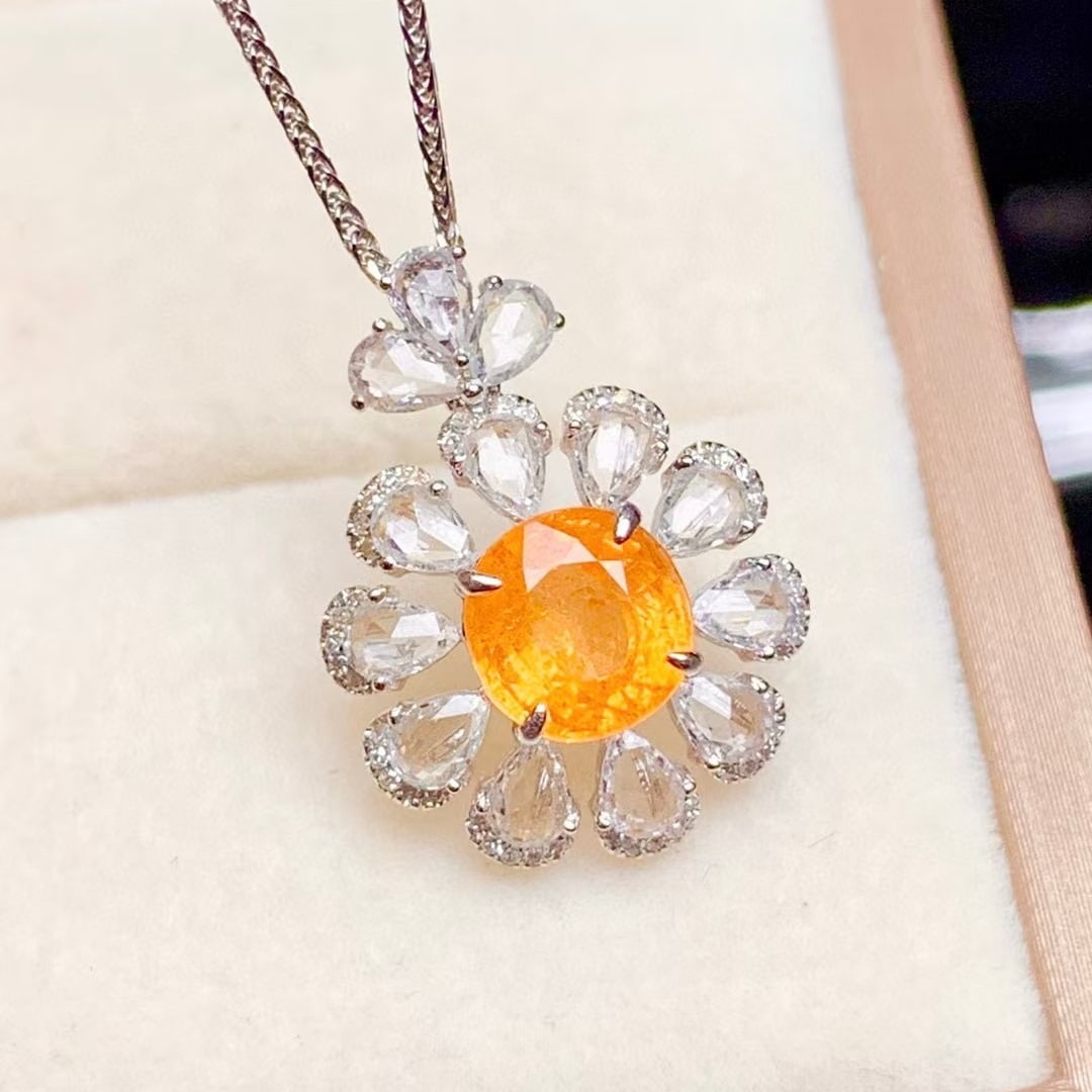14k Gold 1.8 Ct Natural Spessartine & Diamond & Sapphire Pendant( Without Chain ): Ref:230945131 // gold content:14k gold // main gemstone:spessartine // shape:cushion // carat weight:1. 8ct // color:orange // treatment:natural // // adjacent gemstone 2 : diamond // shape:round