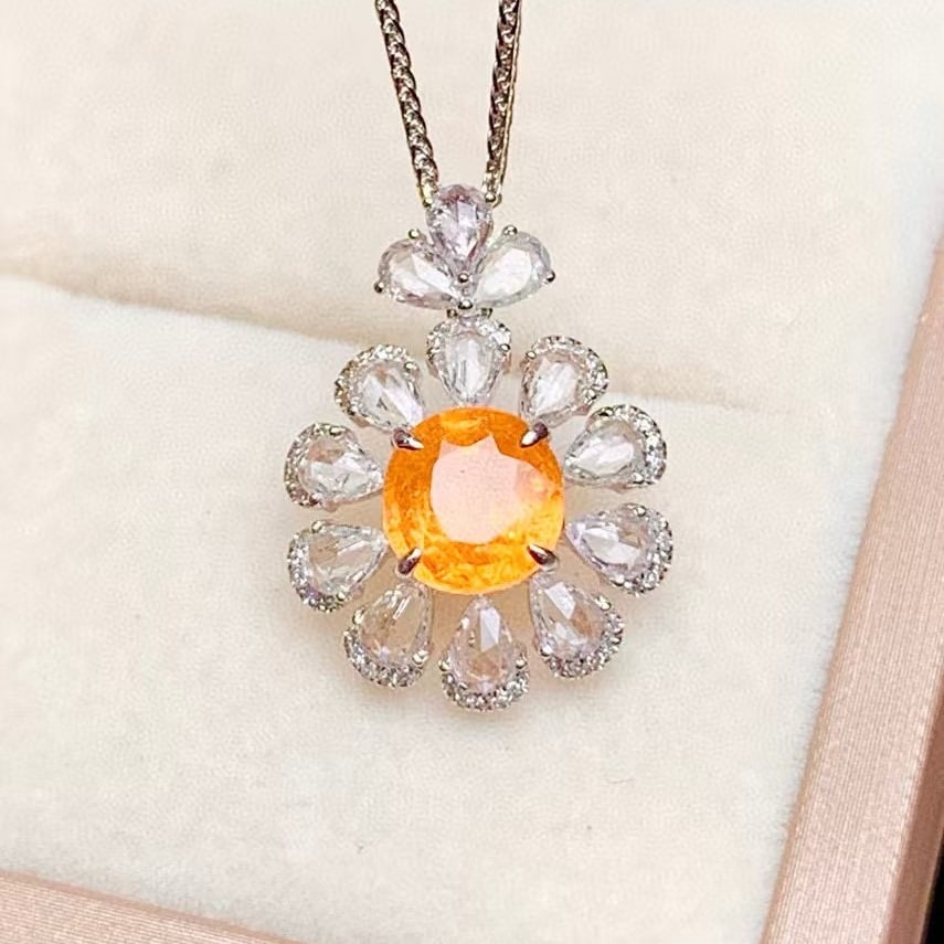 14k Gold 1.8 Ct Natural Spessartine & Diamond & Sapphire Pendant( Without Chain ) - 2