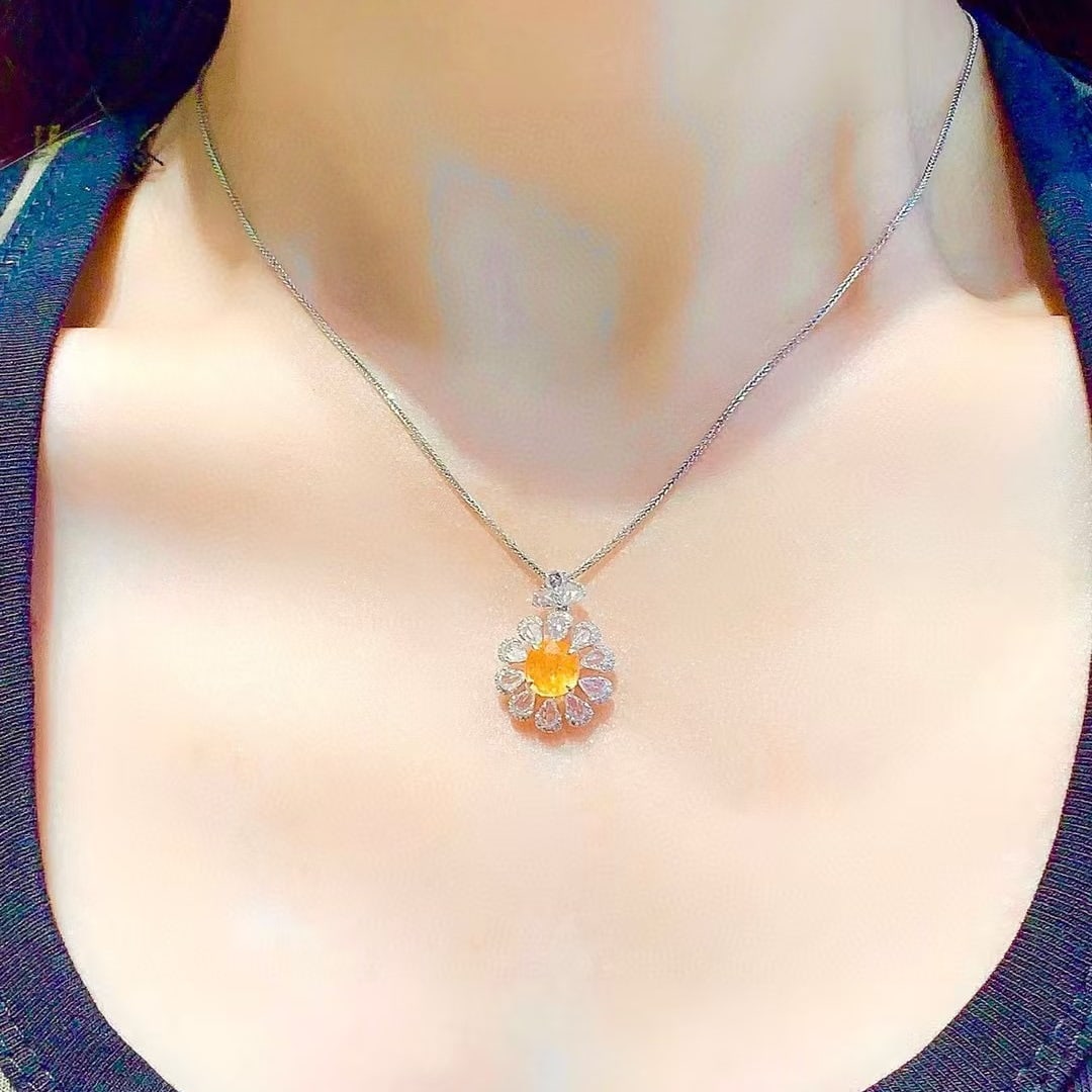 14k Gold 1.8 Ct Natural Spessartine & Diamond & Sapphire Pendant( Without Chain ) - 3