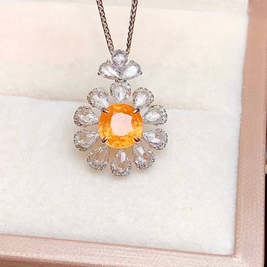 14k Gold 1.8 Ct Natural Spessartine & Diamond & Sapphire Pendant( Without Chain ) - 6