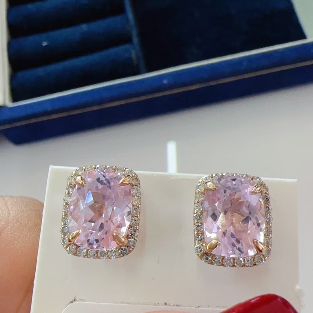 14k Gold 5.50 Ctw Natural Kunzite & Diamond Earrings - 3