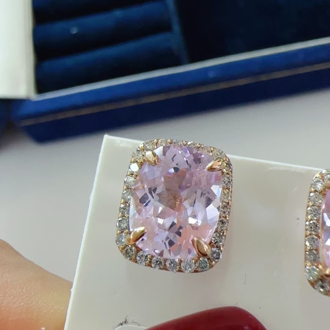 14k Gold 5.50 Ctw Natural Kunzite & Diamond Earrings - 4