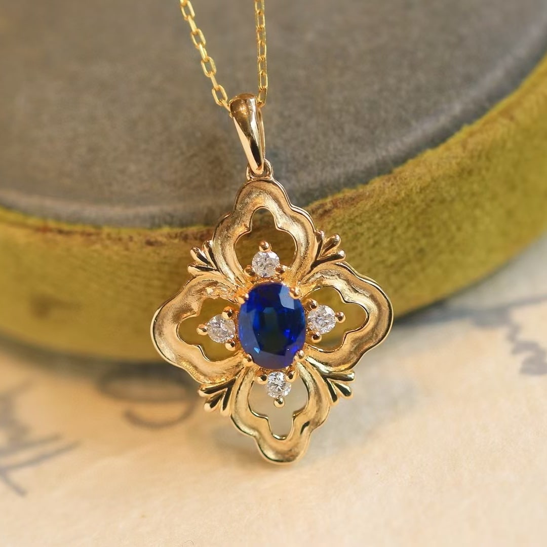 14k Gold 0.65 Ctw Natural Sapphire & Diamond Pendant( Without Chain ) - 4