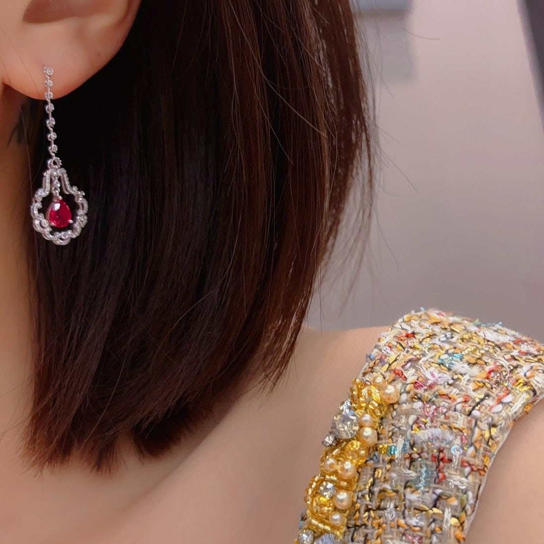 14k Gold 0.9 Ct Natural Ruby & Diamond Earrings - 4