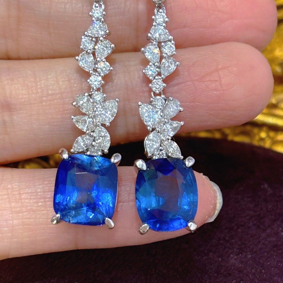 14k Gold 9.6 Ctw Natural Sapphire & Diamond Earrings - 2