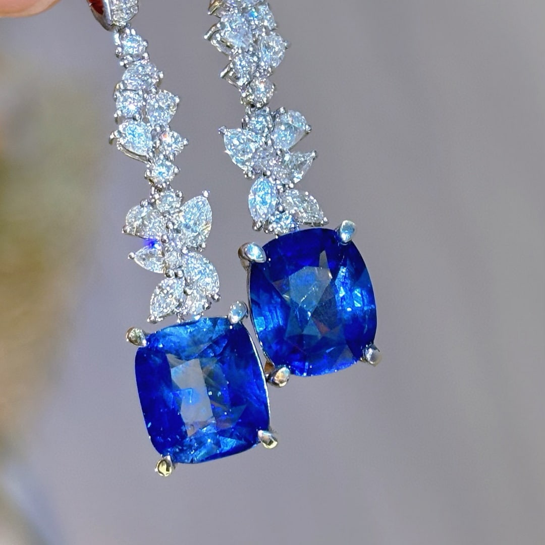 14k Gold 9.6 Ctw Natural Sapphire & Diamond Earrings - 7