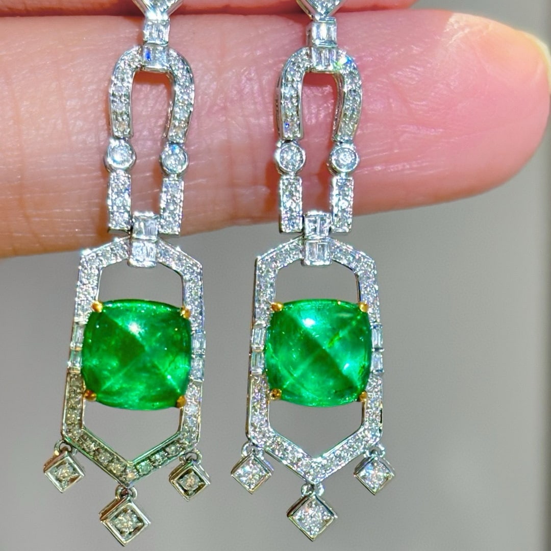 14k Gold 3.6 Ct Natural Emerald & Diamond Earrings - 2