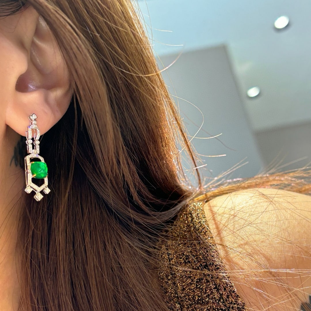 14k Gold 3.6 Ct Natural Emerald & Diamond Earrings - 4