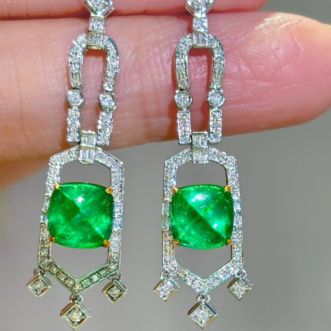 14k Gold 3.6 Ct Natural Emerald & Diamond Earrings - 6