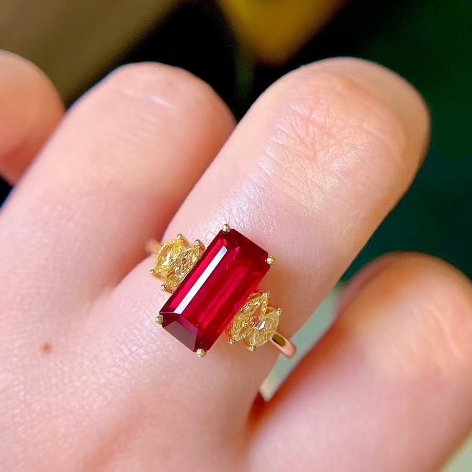14k Gold 3.18 Ctw Natural Tourmaline & Yellow Diamond Ring: Ref:230945154 // gold content:14k gold // ring size:7. 25us // // main gemstone:tourmaline // shape:octagonal // carat weight:2. 68ct // color:red // treatment:natural // // adjacent gemstone 2 :