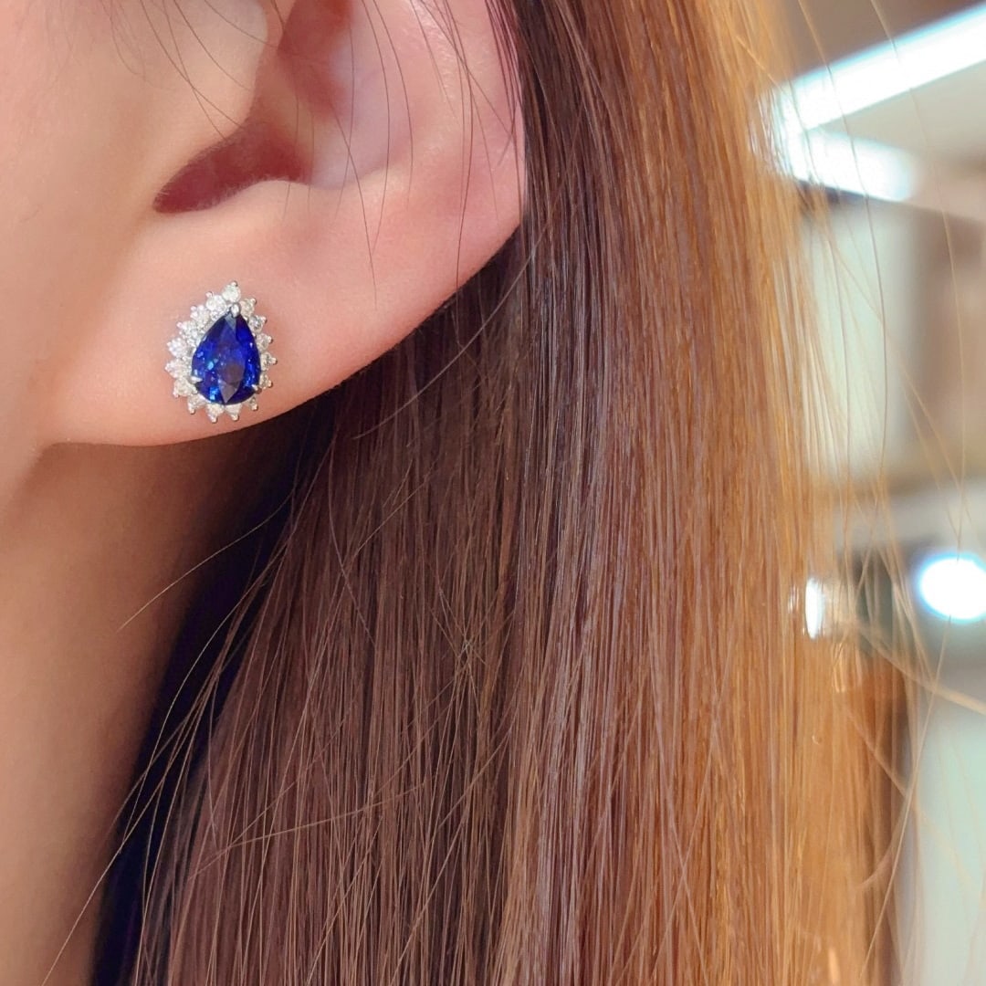 14k Gold 1.3 Ct Natural Sapphire & Diamond Earrings - 2