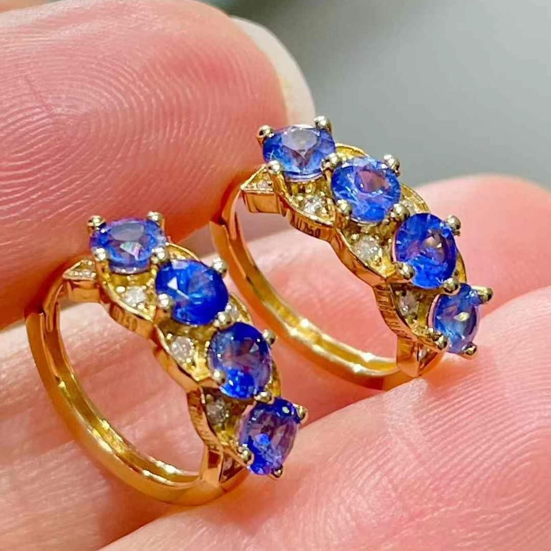 14k Gold 1.34 Ct Natural Sapphire & Diamond Earrings - 2