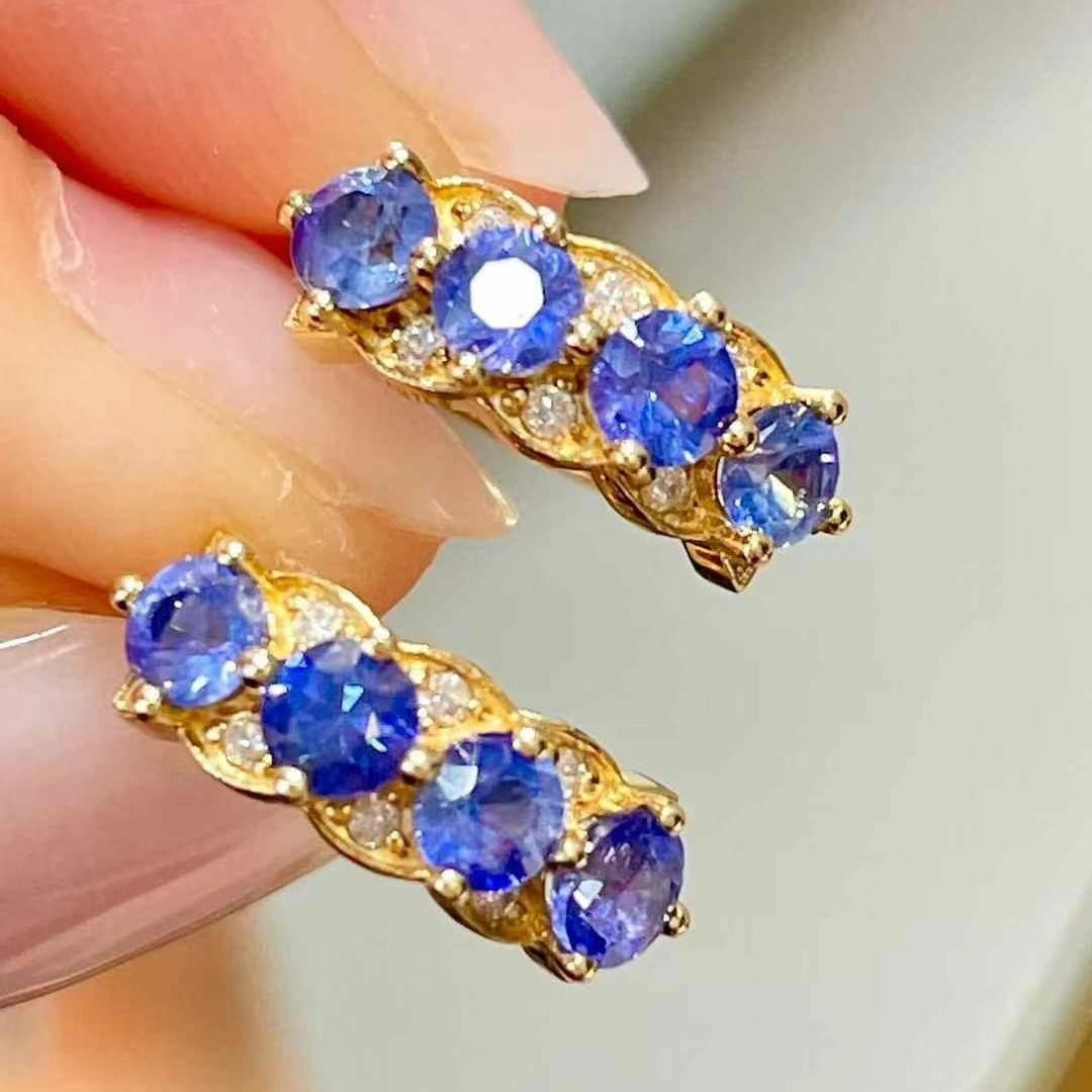 14k Gold 1.34 Ct Natural Sapphire & Diamond Earrings - 4