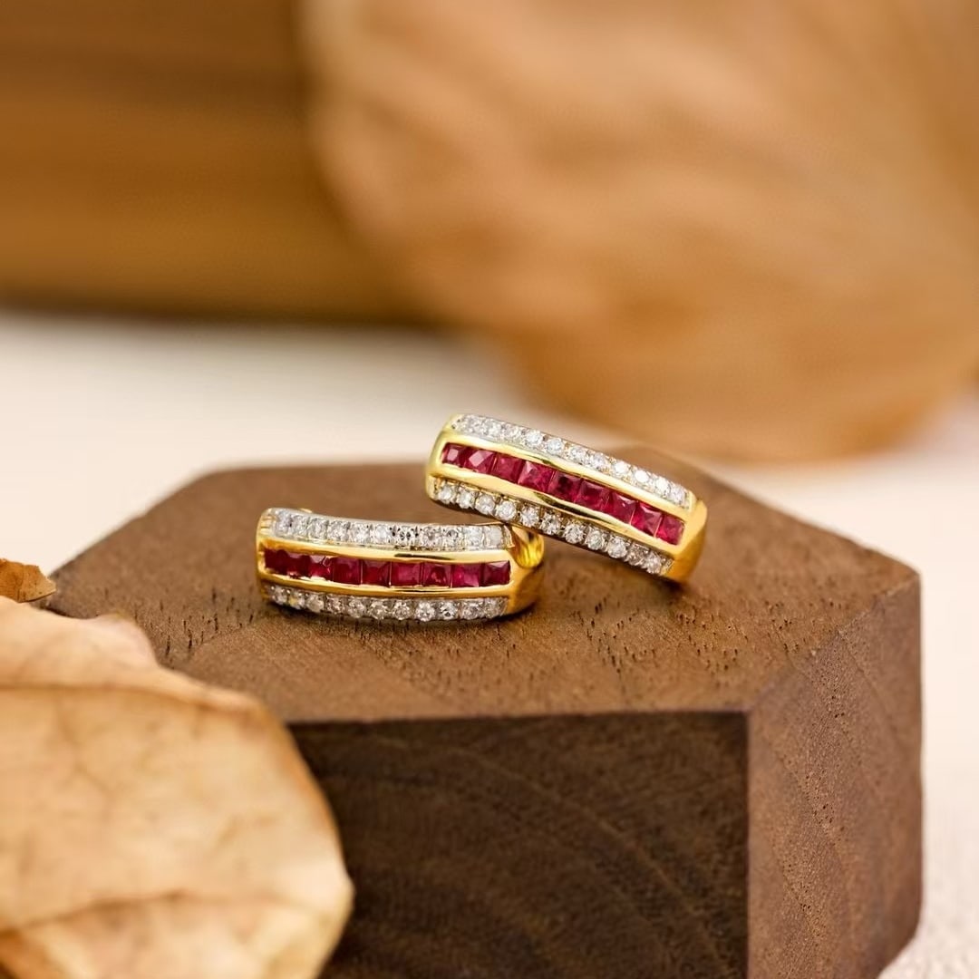 14k Gold 0.82 Ctw Natural Ruby & Diamond Earrings - 3