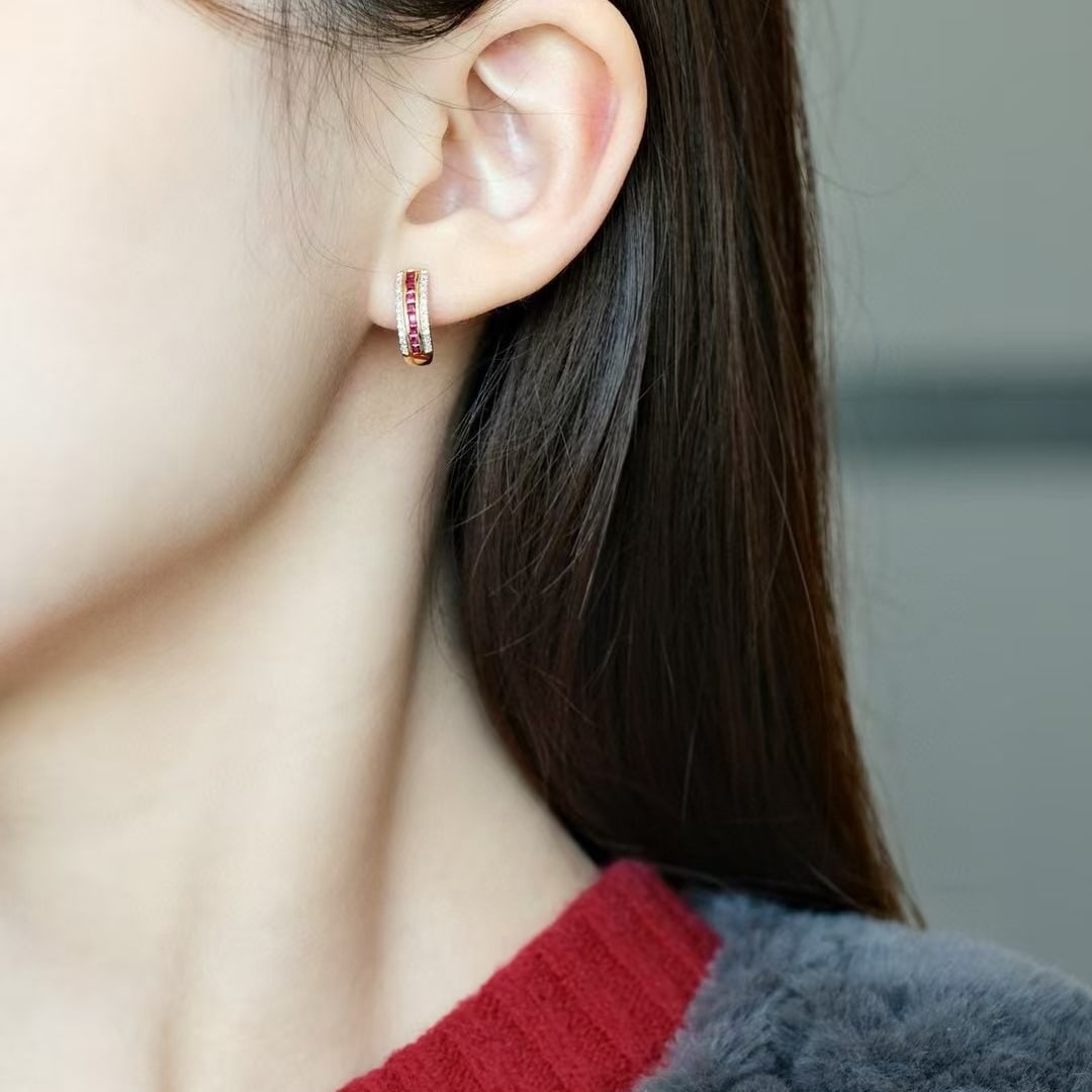 14k Gold 0.82 Ctw Natural Ruby & Diamond Earrings - 4