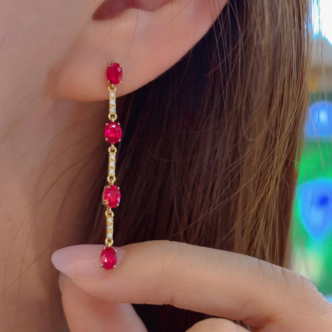 14k Gold 2 Ct Natural Ruby & Diamond Earrings - 2