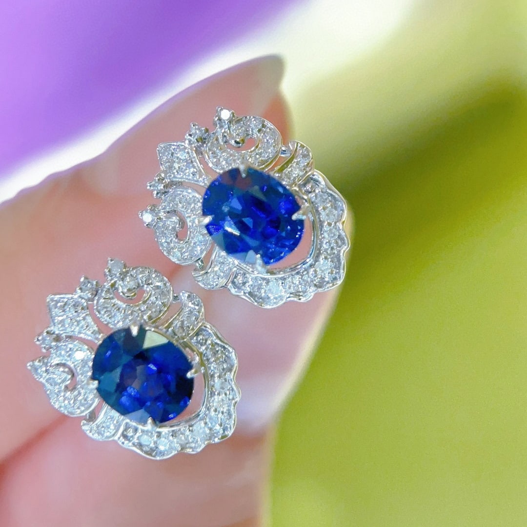 14k Gold 1.2 Ct Natural Sapphire & Diamond Earrings - 2