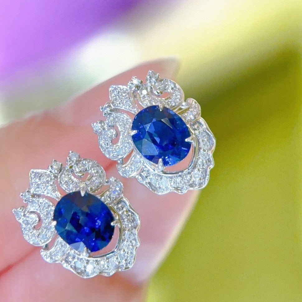 14k Gold 1.2 Ct Natural Sapphire & Diamond Earrings - 7