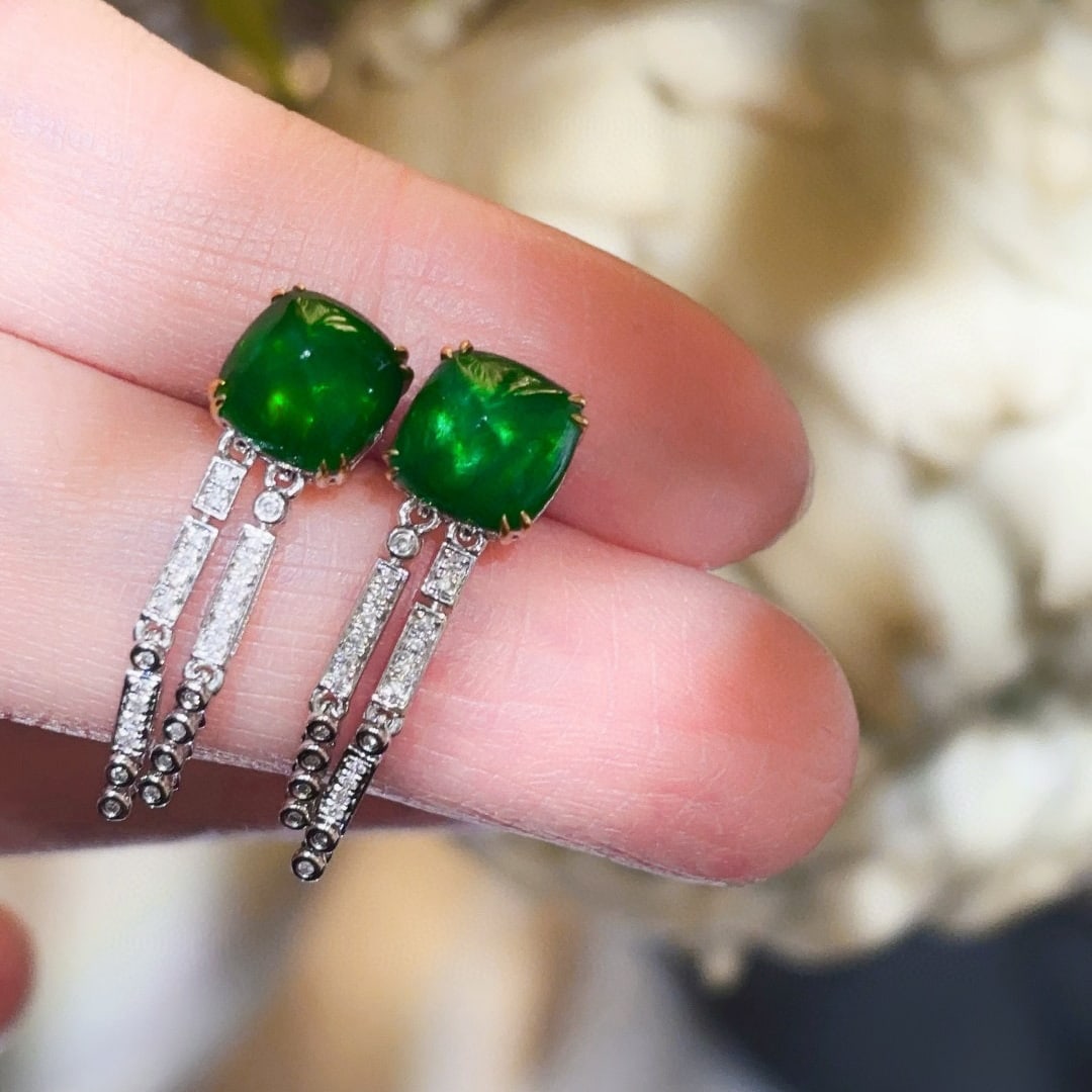 14k Gold 3.2 Ct Natural Emerald & Diamond Earrings - 2