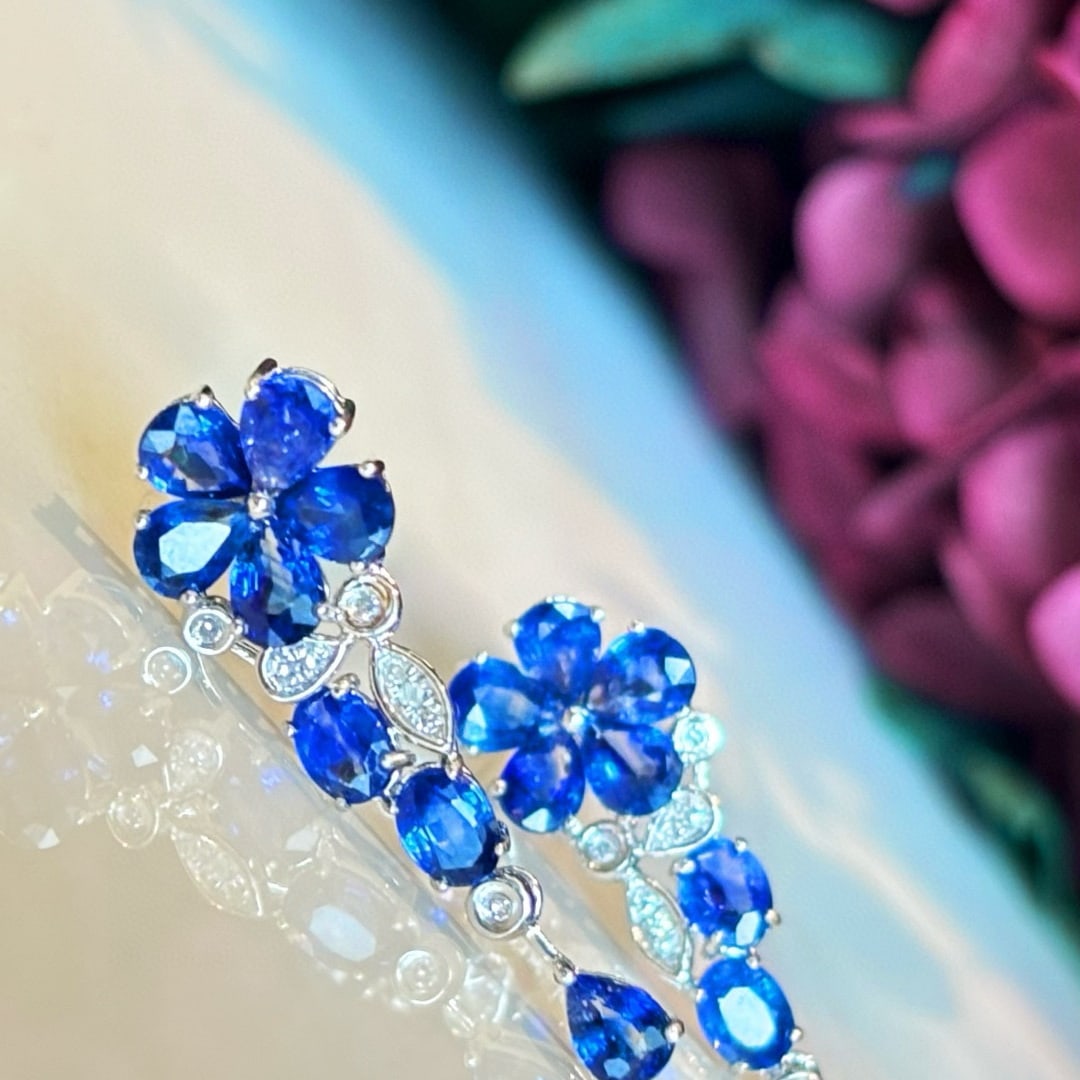 14k Gold 3 Ct Natural Sapphire & Diamond Earrings - 4