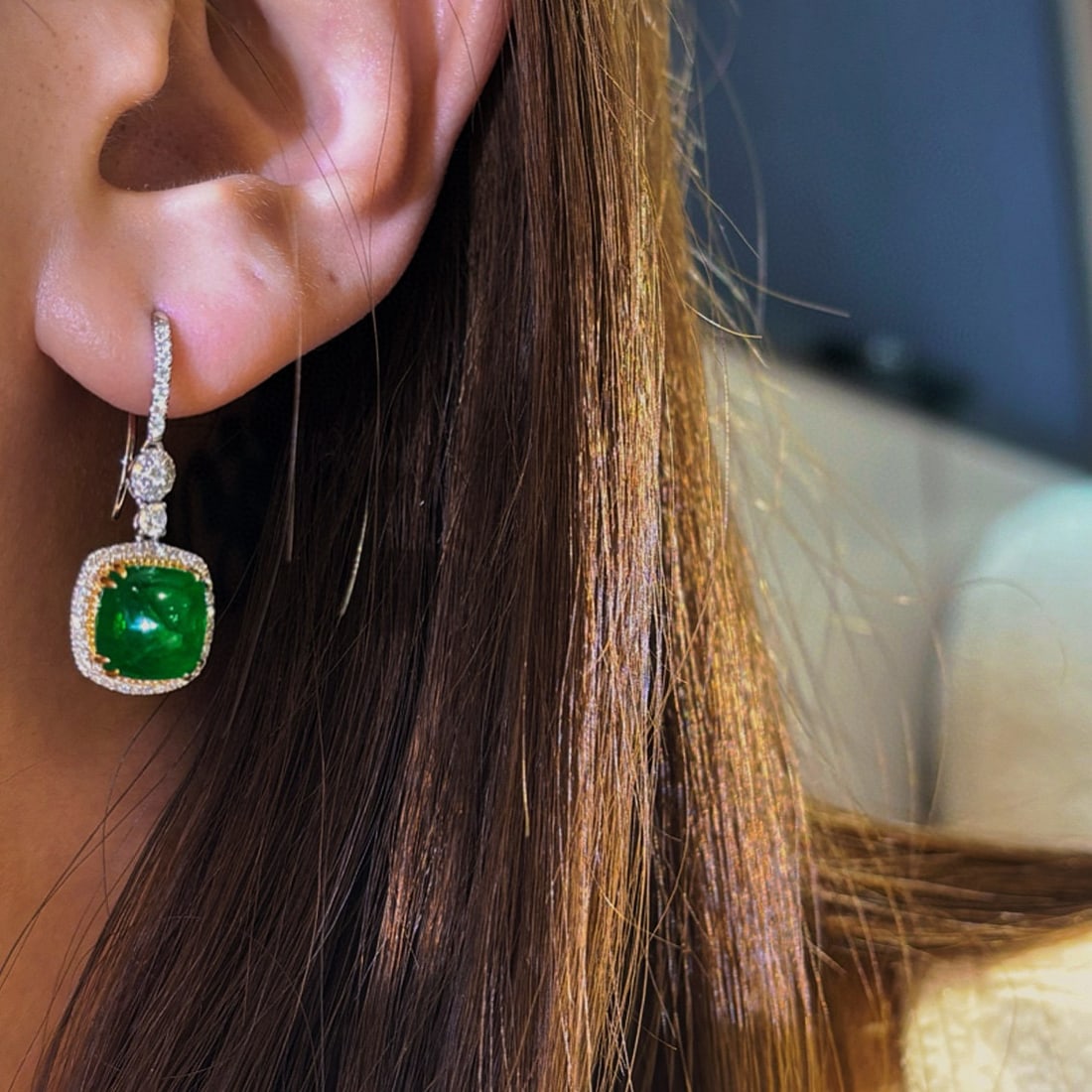 14k Gold 5.8 Ct Natural Emerald & Diamond Earrings - 2